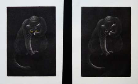 銅版画｜メゾチントで作成しました。左は目に色を入れています。